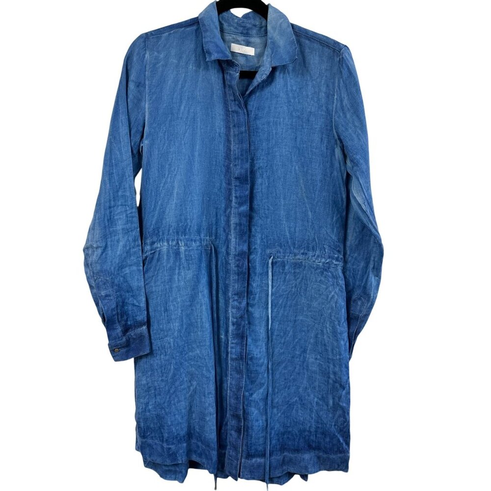 A.C.E. Clothing Size Small Whistler Dress Blue Linen Tie Waist Button Front